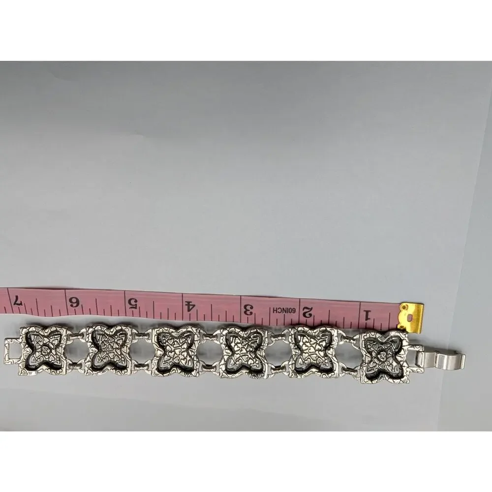 Brighton Ornate Silver Tone Link Bracelet Tribal Bohemian Style Box Clasp 7 Inch